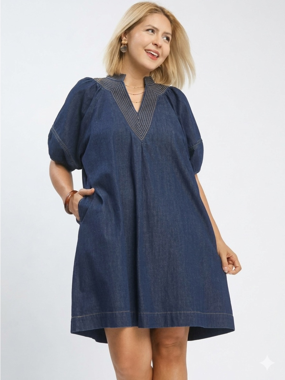 New!Umgee Plus Size Denim Pocket Puff Sleeve Contrast Mini Dress Size 2X - Picture 6 of 8